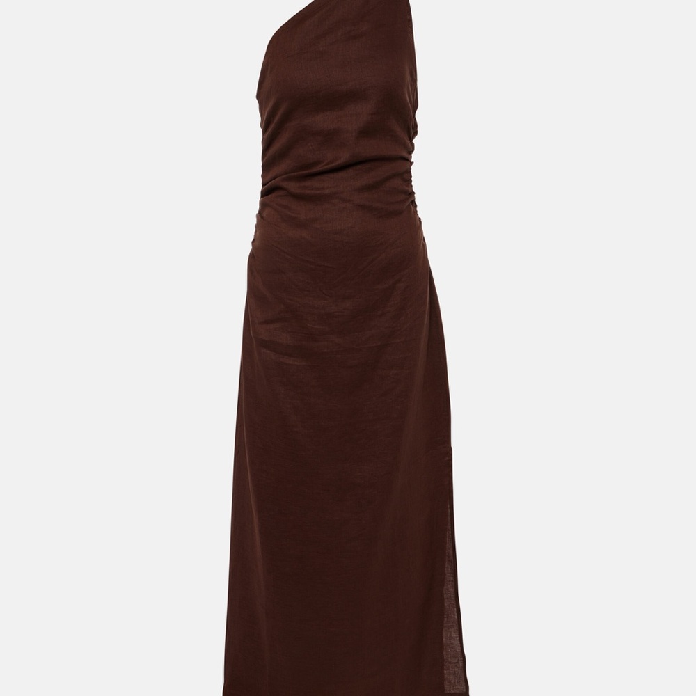 Faithfull the Brand Jomana Linen Brown One-Shoulder Dress
